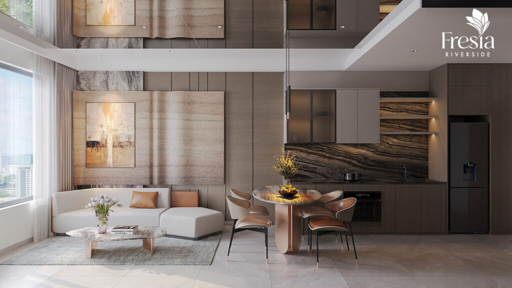 Không gian tại căn hộ Fresia Riverside (River 3) với thiết kế mở, tận dụng tối đa ánh sáng tự nhiên và tầm nhìn panorama ra dòng sông Đồng Nai thơ mộng Ảnh: dự án Fresia Riverside